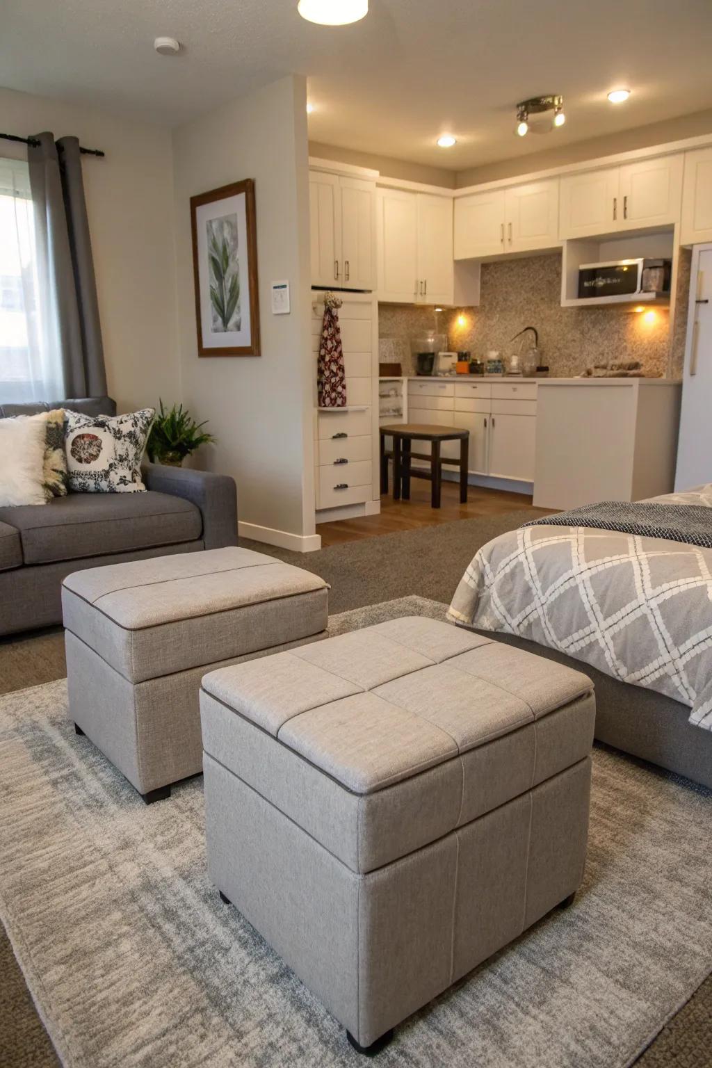 A studio showcasing furniture that does more than one thing, like storage ottomans.