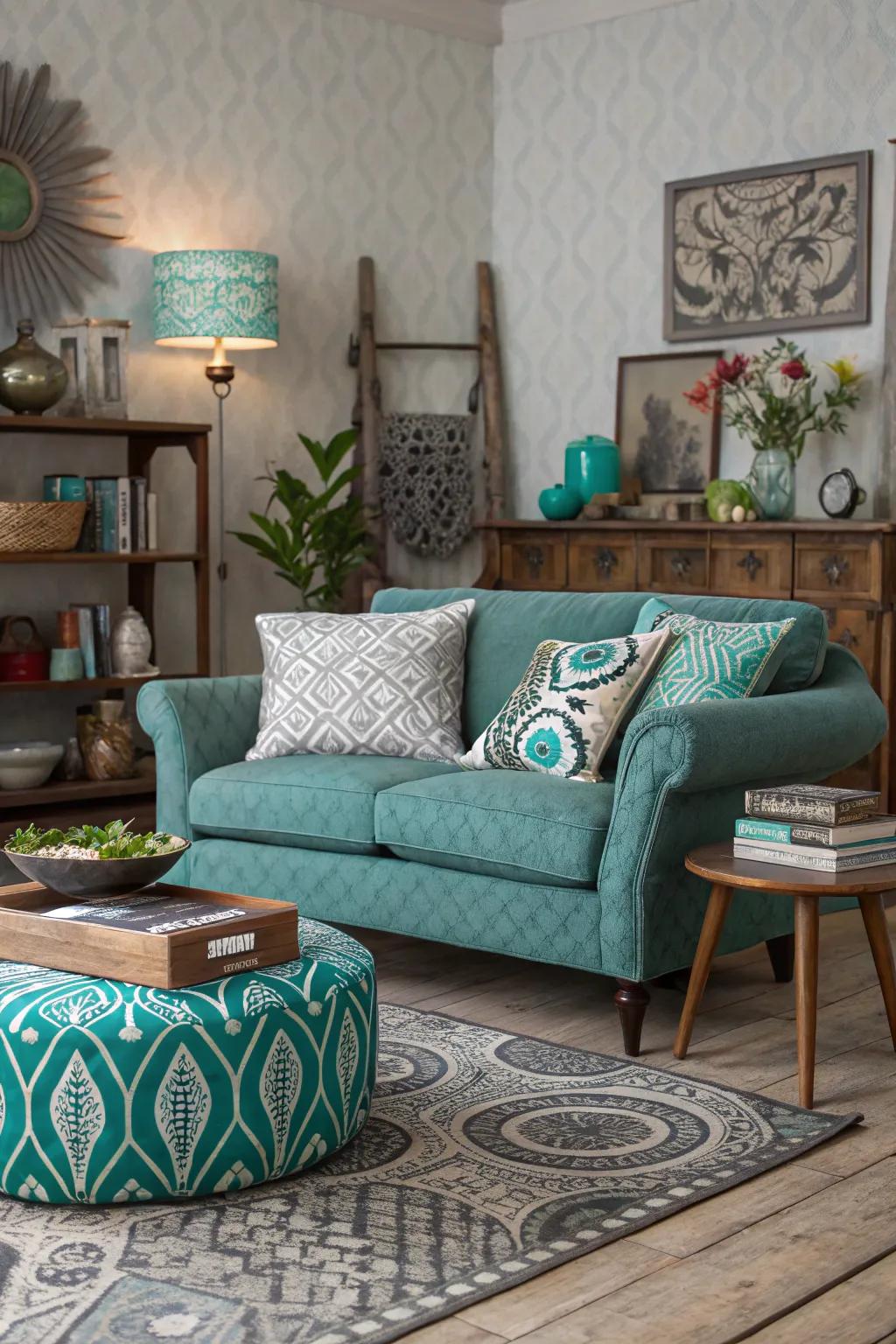 Eclectic patterns and textures add liveliness to a teal and grey room.