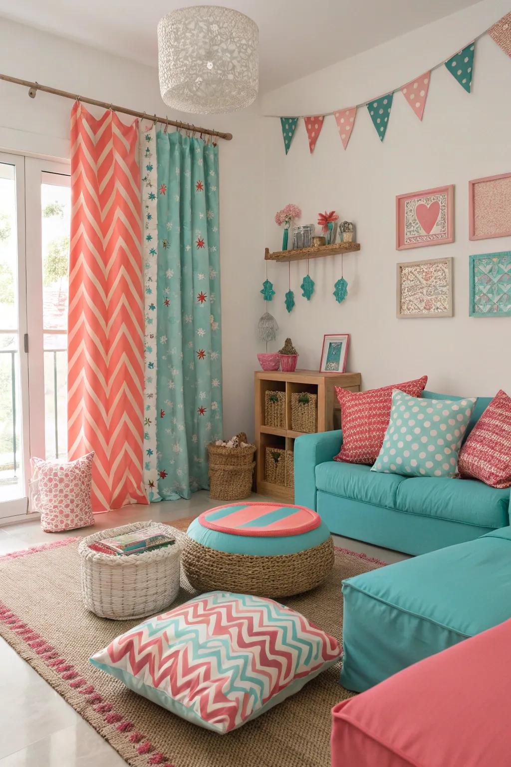 Teal and coral bloom create a spirited and joyful ambiance.