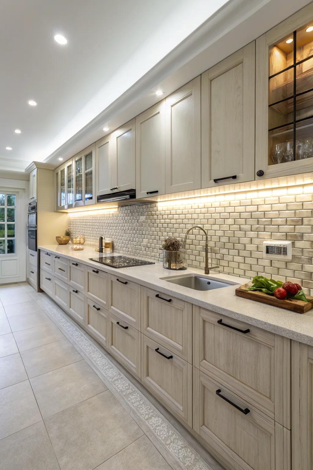 Unified tile surfaces and splash area engender a seamless kitchen aesthetic.