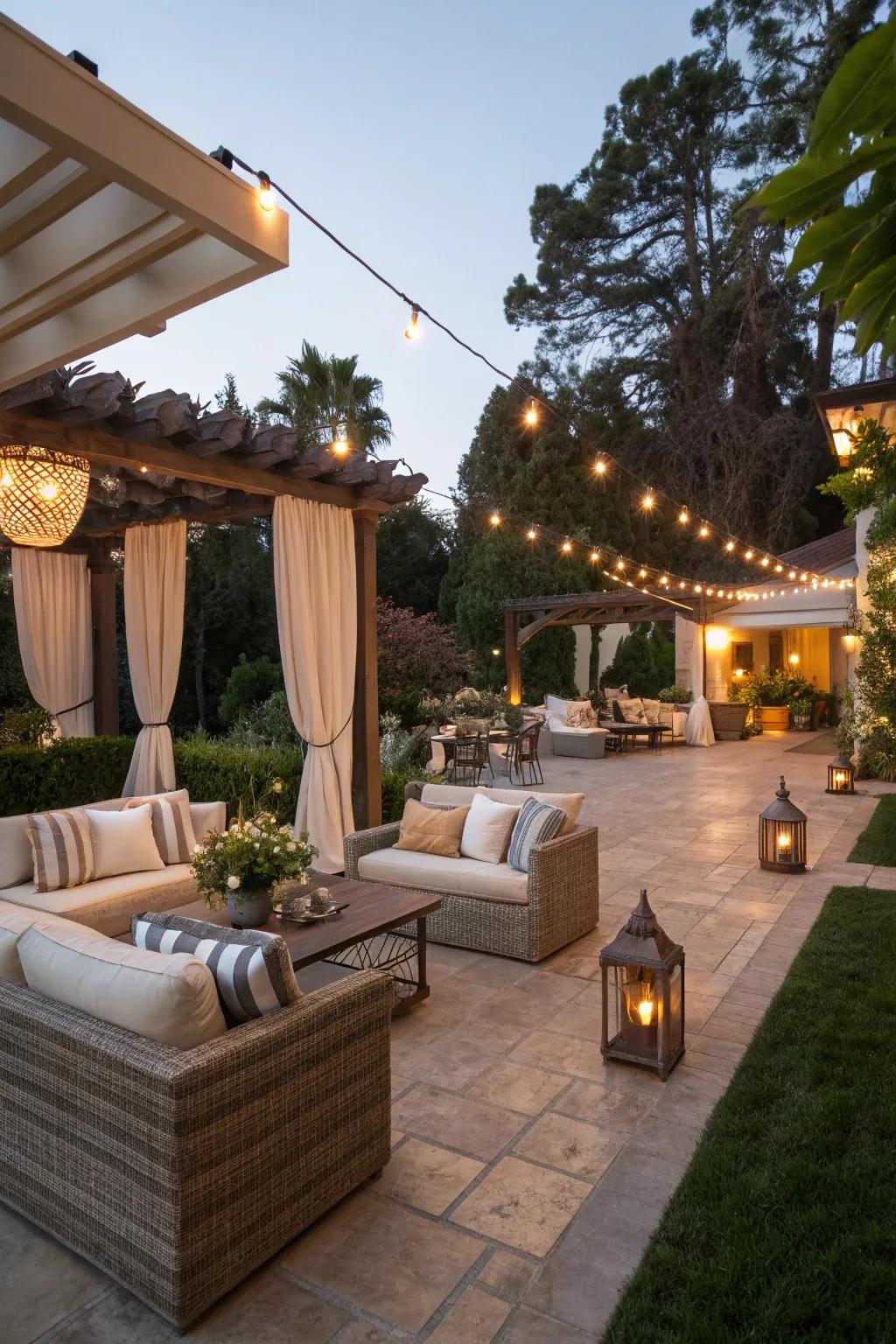 Inviting outdoor patio illuminated by modern track lighting.