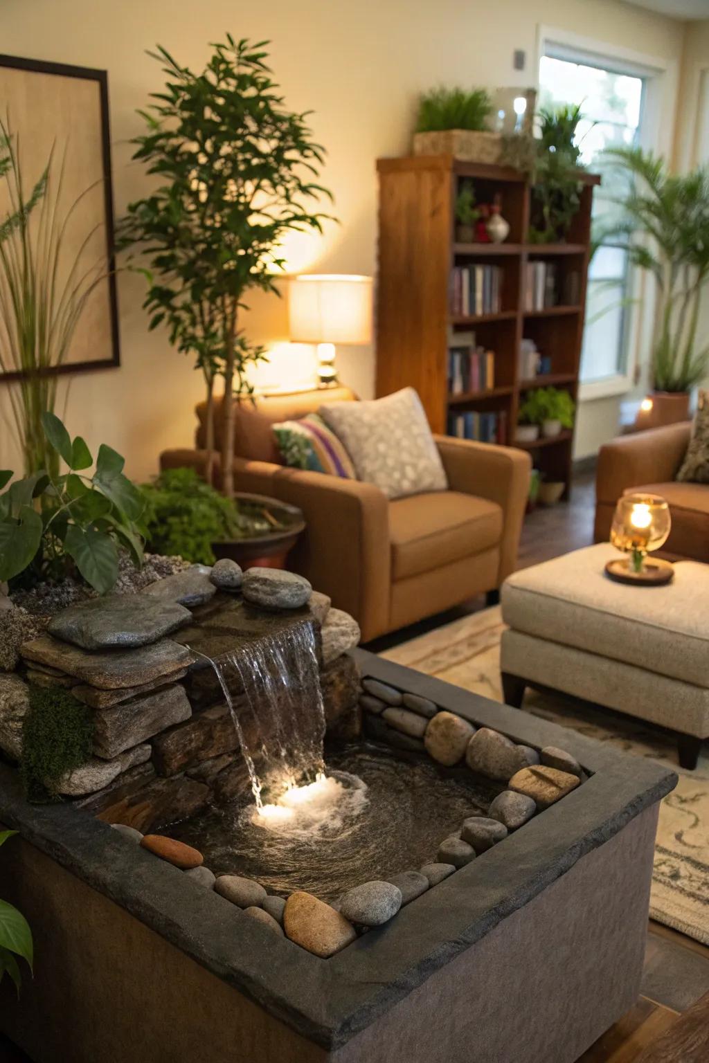An aquatic feature contributes tranquility to a tropical living space.