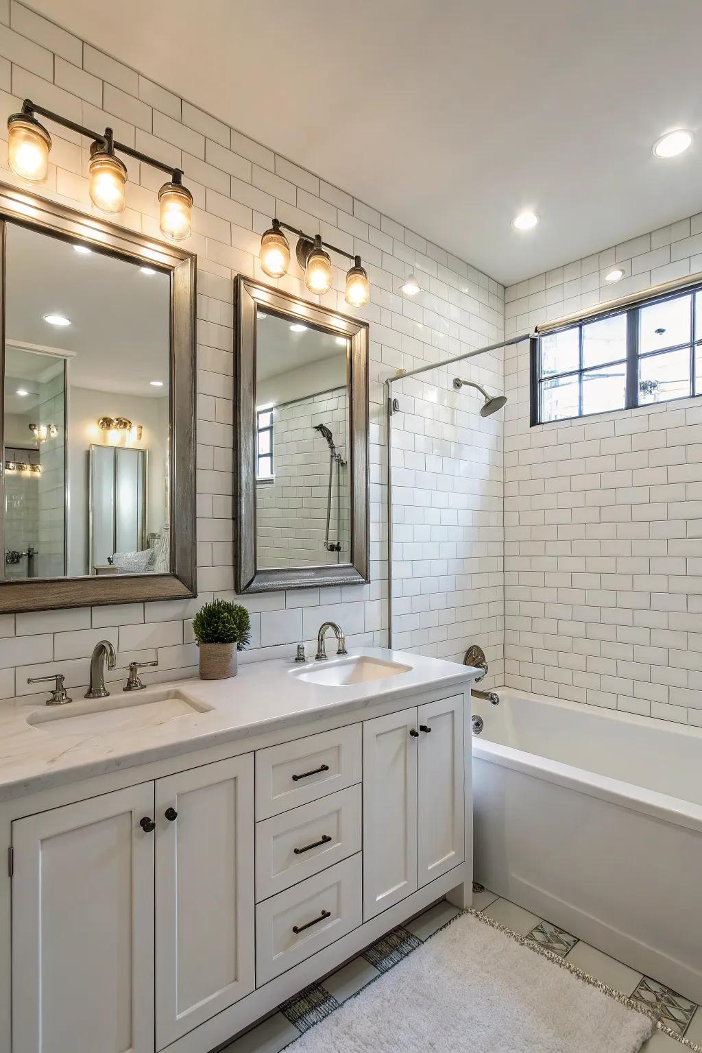 Mirrored fixtures amplifying light and elegance.