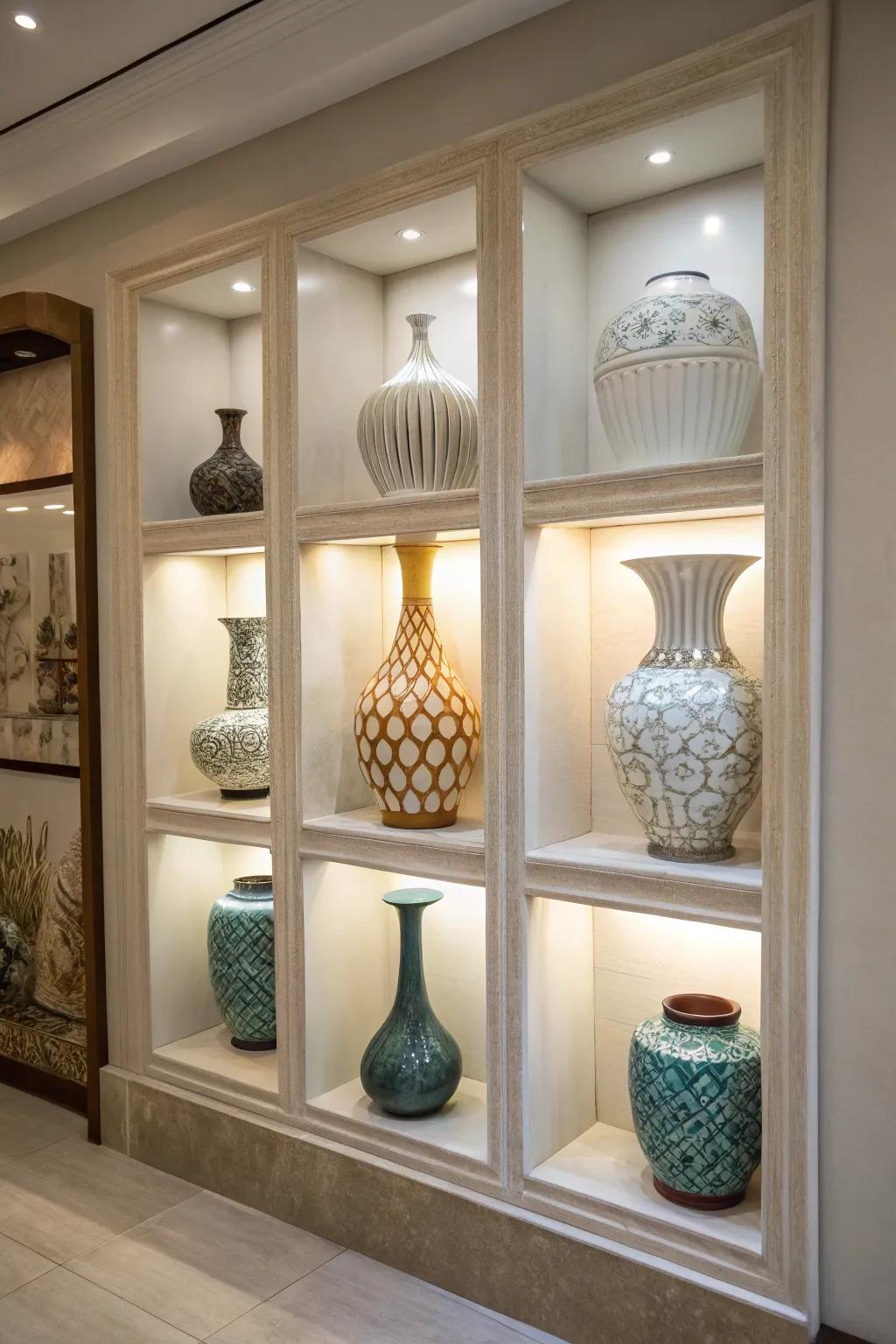 A wall niche displaying a collection of pottery vessels for a cohesive arrangement.