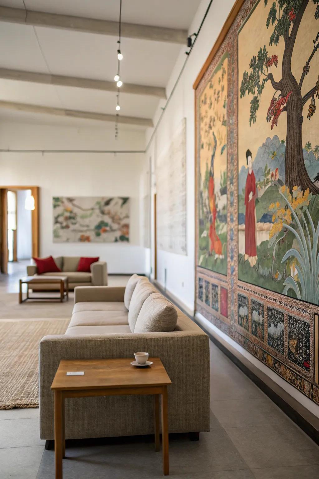 Artistic wall painting turns a room into a gallery-like space.