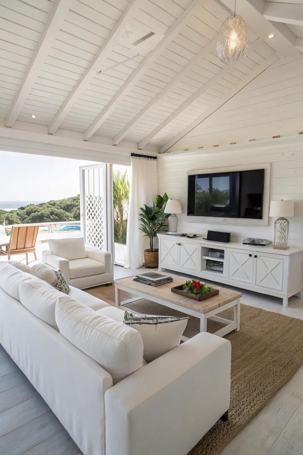 Functional seating arrangements enhance usability in a white living space.