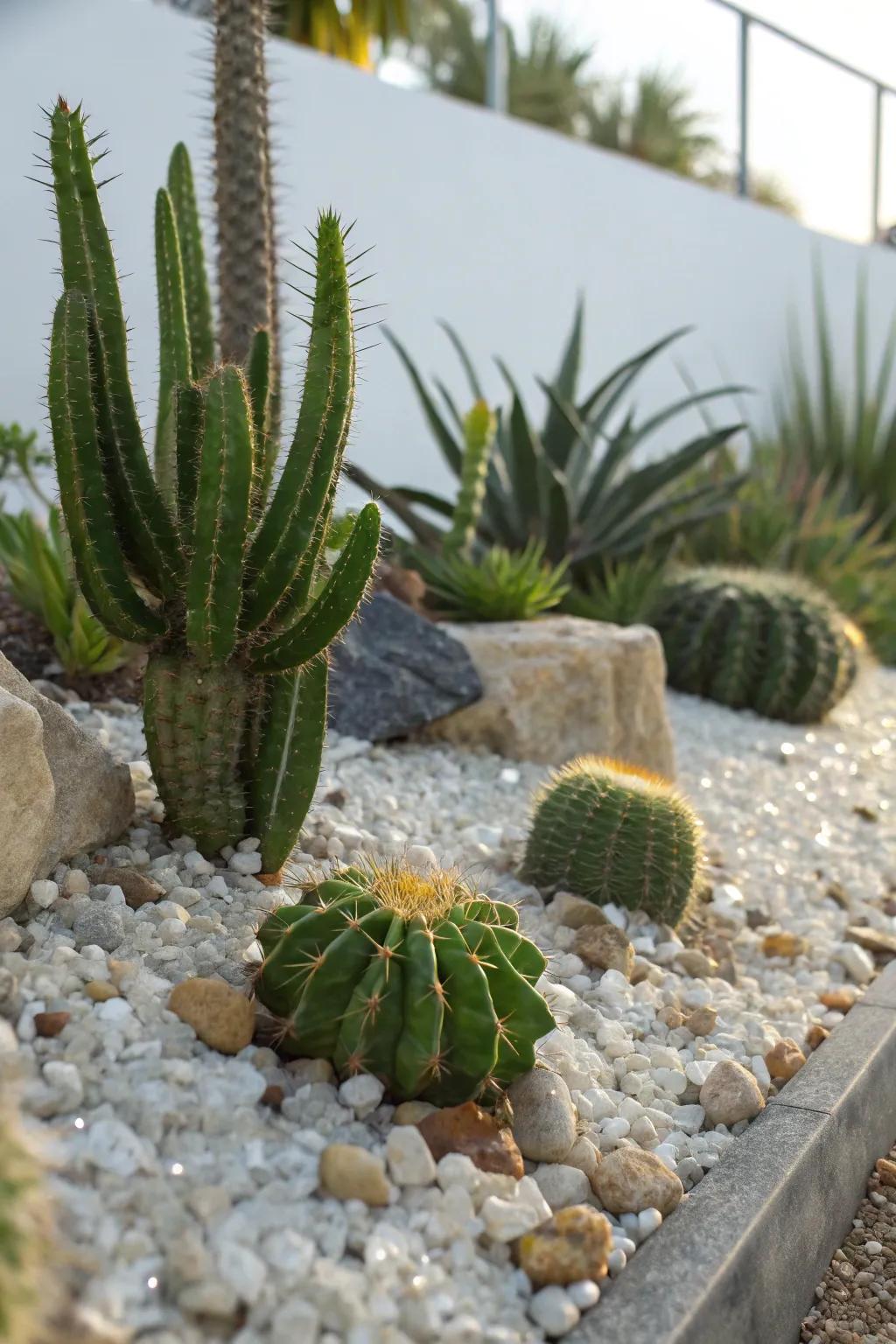 A contemporary desert oasis featuring succulents surrounded by quartz pebbles, offering a vibrant getaway.