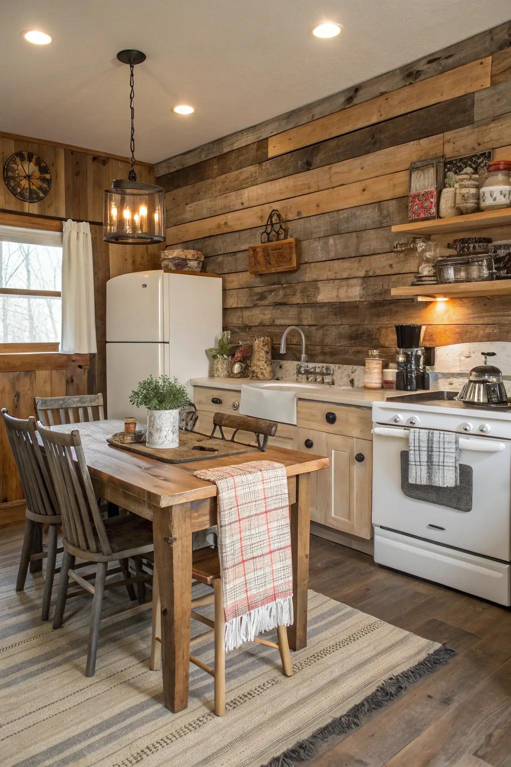 Embrace rustic charm with an accent wall featuring reclaimed wood slats.