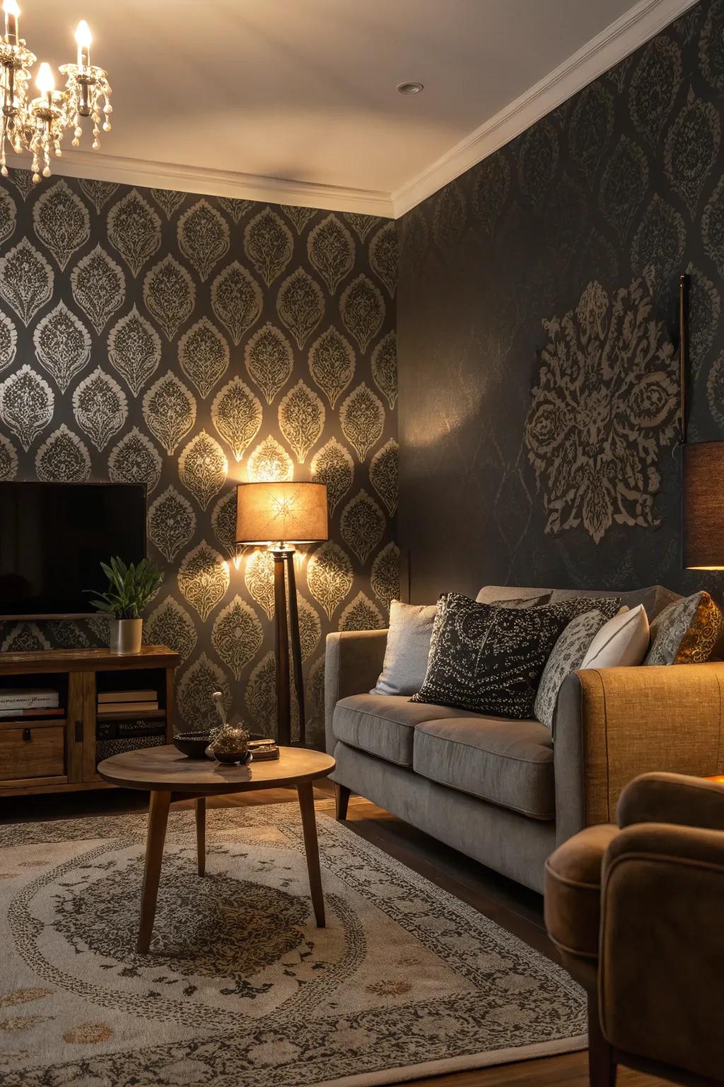 Dark wallpaper adding intrigue to a dimly lit living space.
