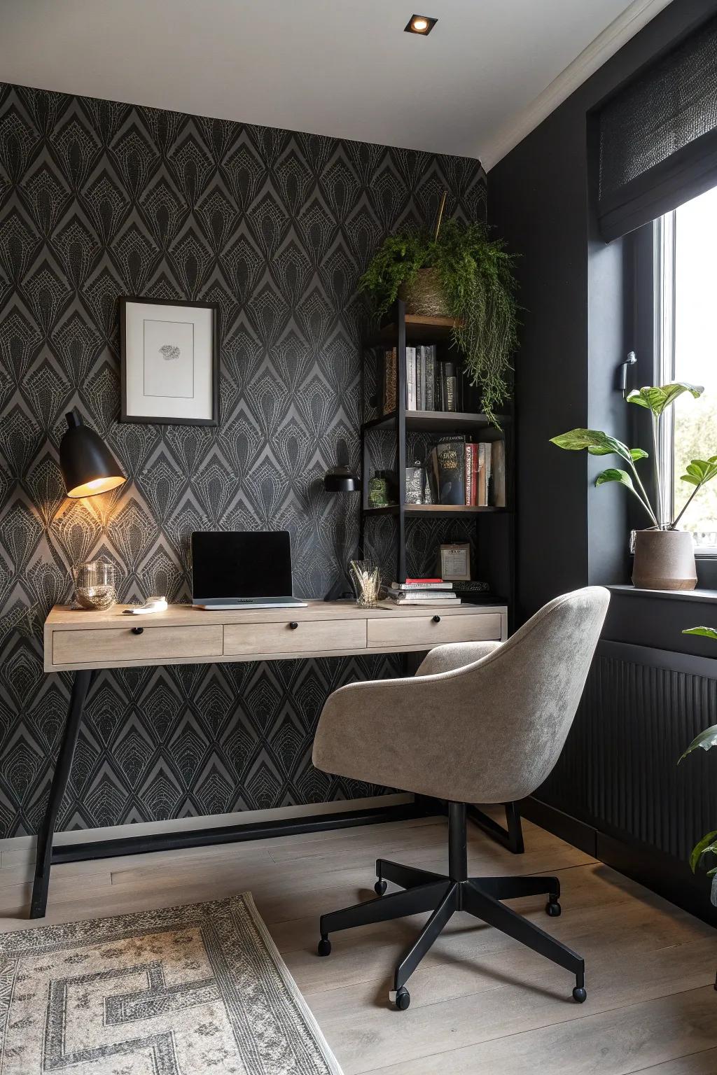 Sophisticated wall covering creates an instantly dramatic office atmosphere.