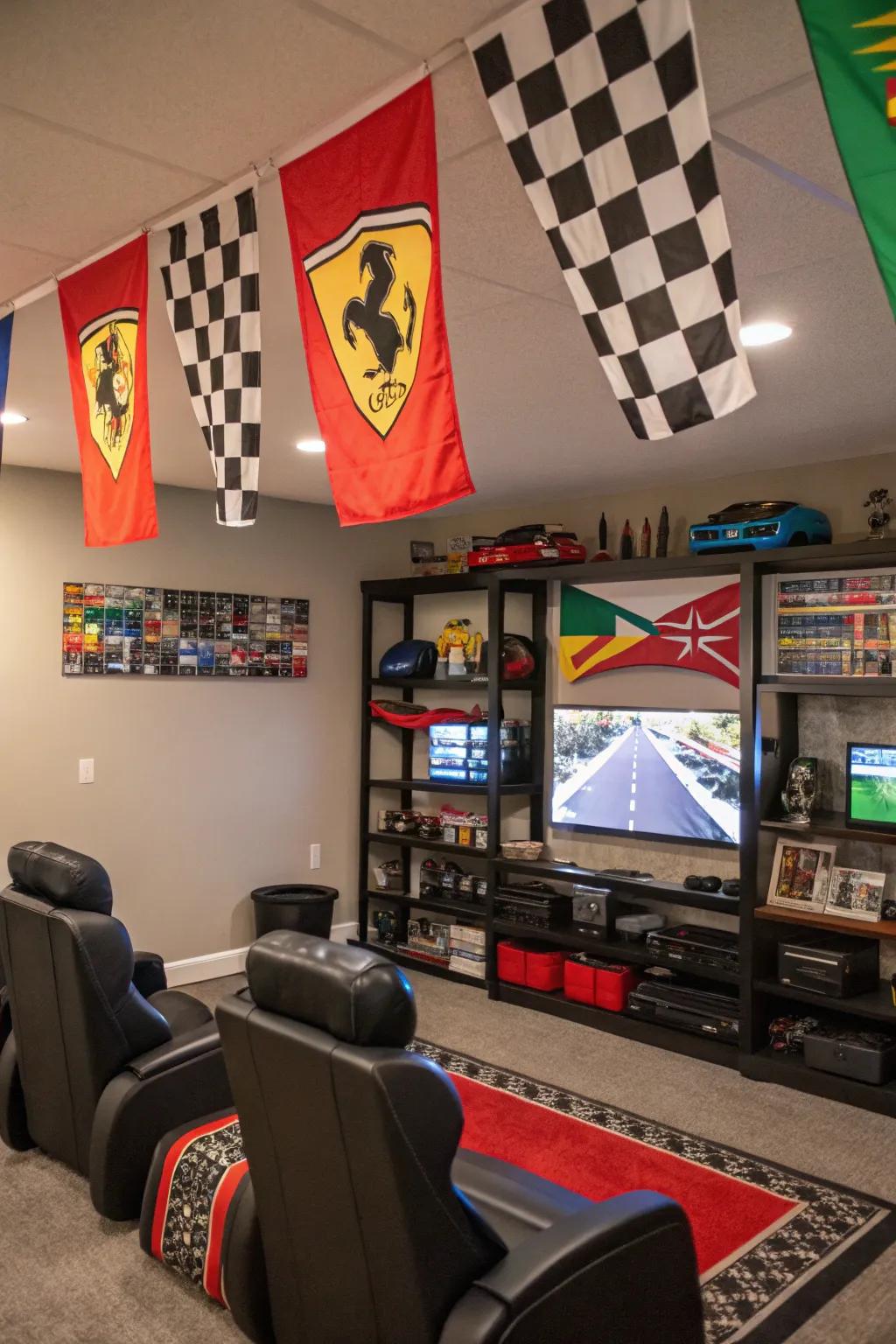Racing flags bringing energy to a game room.
