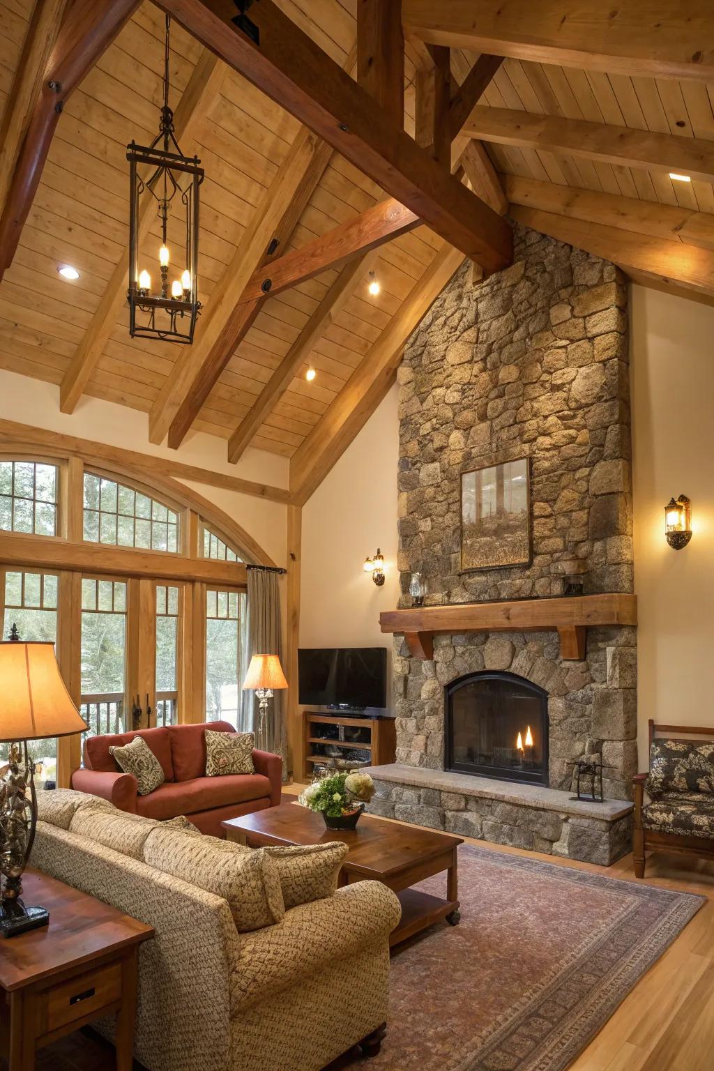 Visible supports contributing rustic grace to interiors.