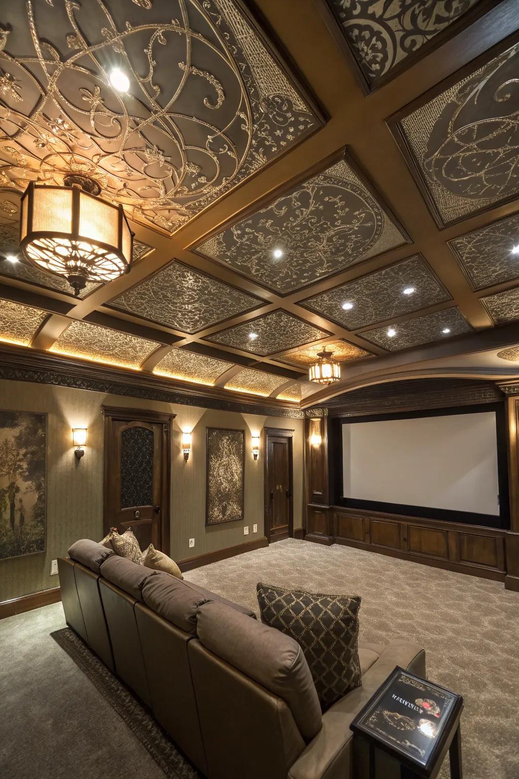 To your film room, a statement ceiling adds an unexpected wow factor.
