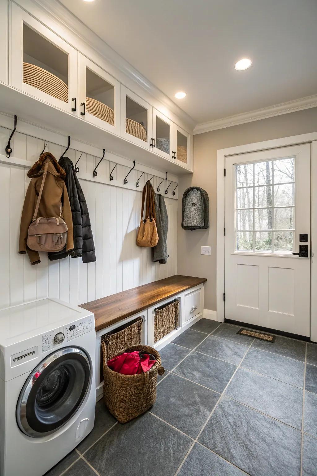 A mud room that cleverly incorporates a laundry area.