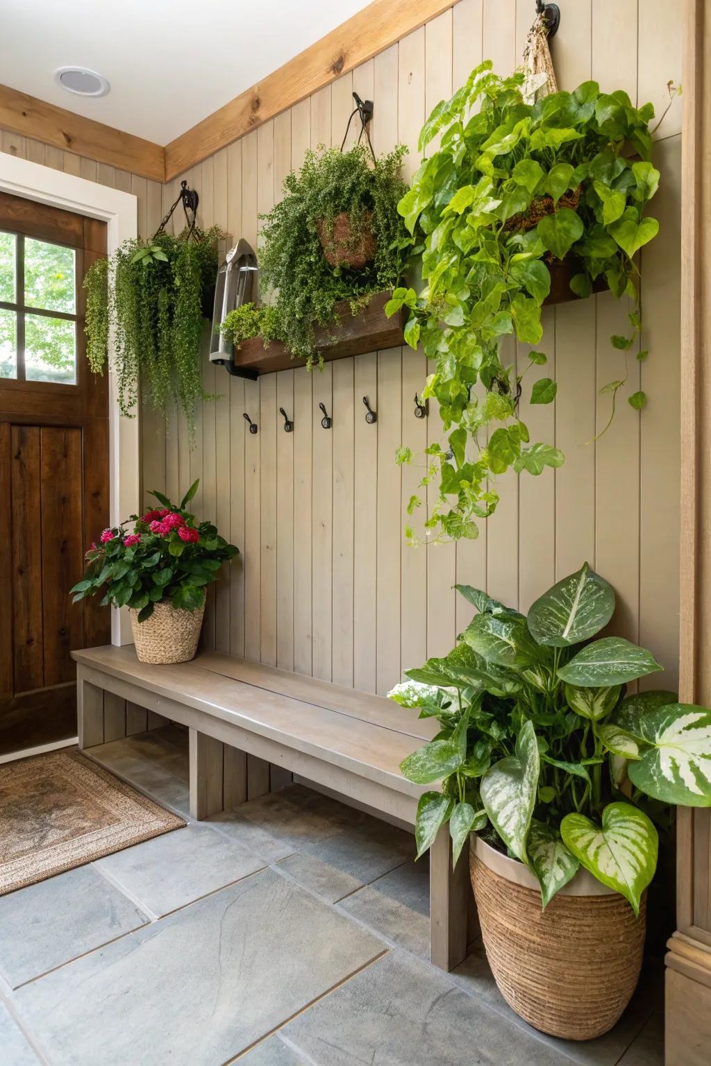 A crisp mudroom bench complemented by vibrant vegetation.