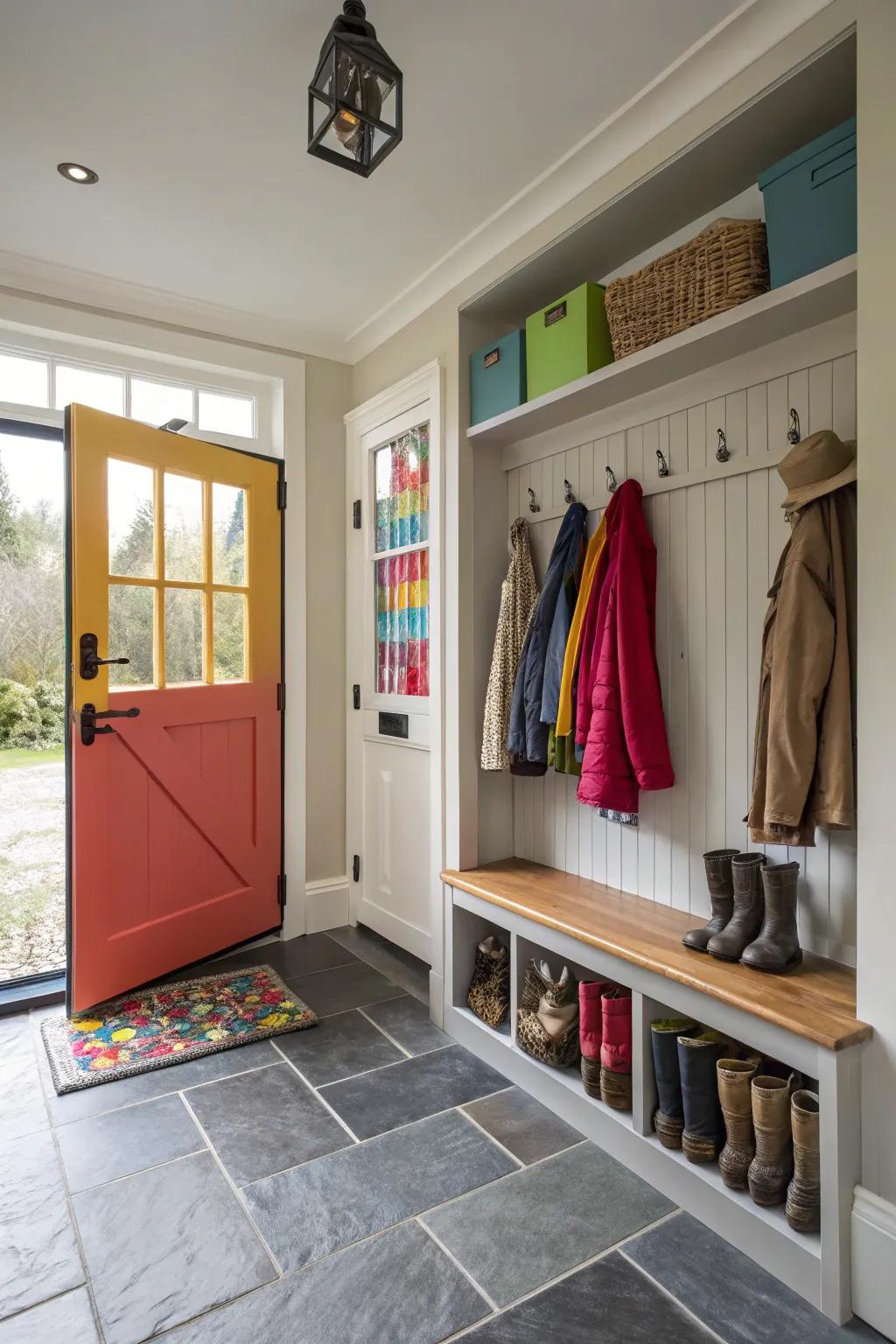 A mudroom with a bright two-part door enhancing the space.