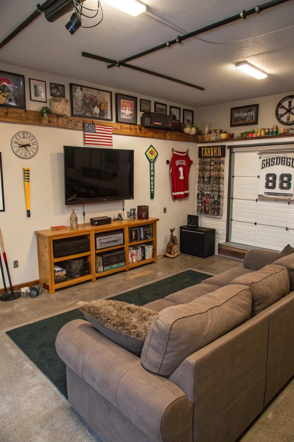 A personalized man cave or she shed organized in a garage.