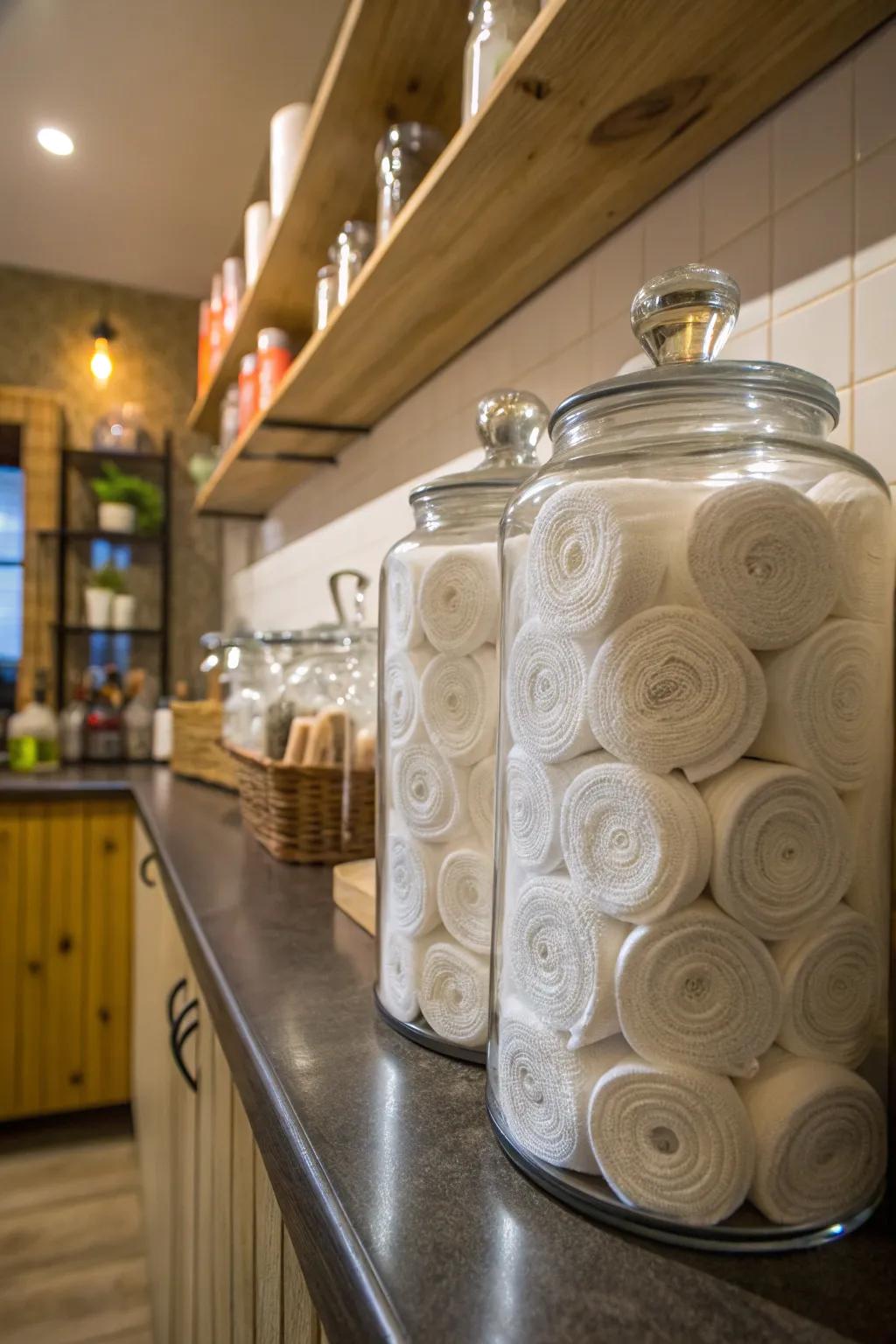 Glass containers offer a vintage-inspired and space-efficient napkin storage system.