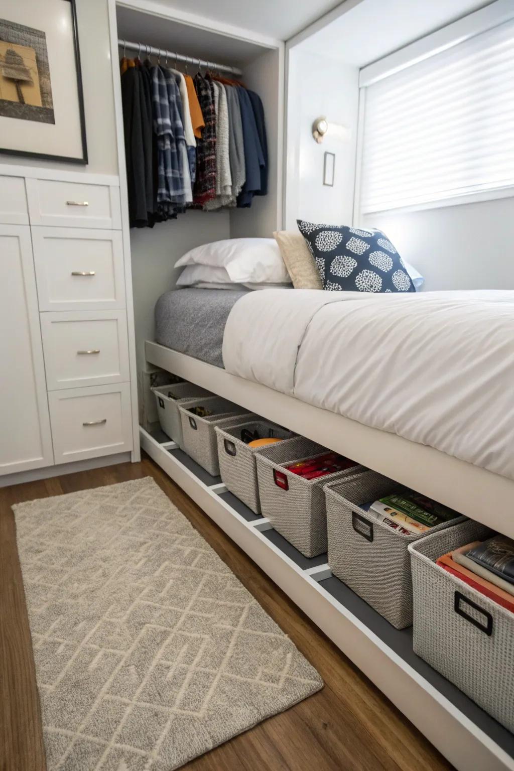 Under-bed storage maintains organization of essentials within a slender bedroom.