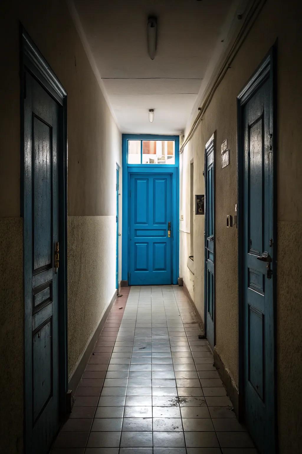 A striking entryway tone adds character and a point of convergence to a restricted hallway.