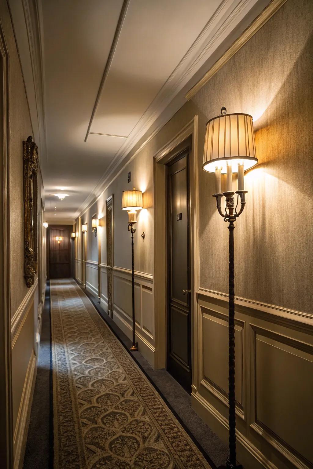 Layered lighting introduces both depth and warmth to your hallway.