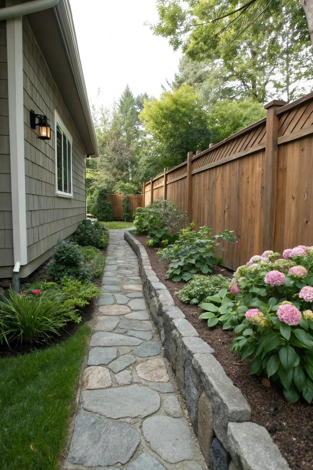 Borders afford structure and neatness to slender side gardens.