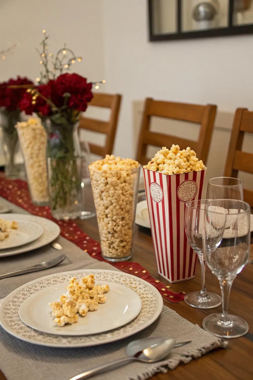 A stylish eating table with creative popcorn-themed settings.