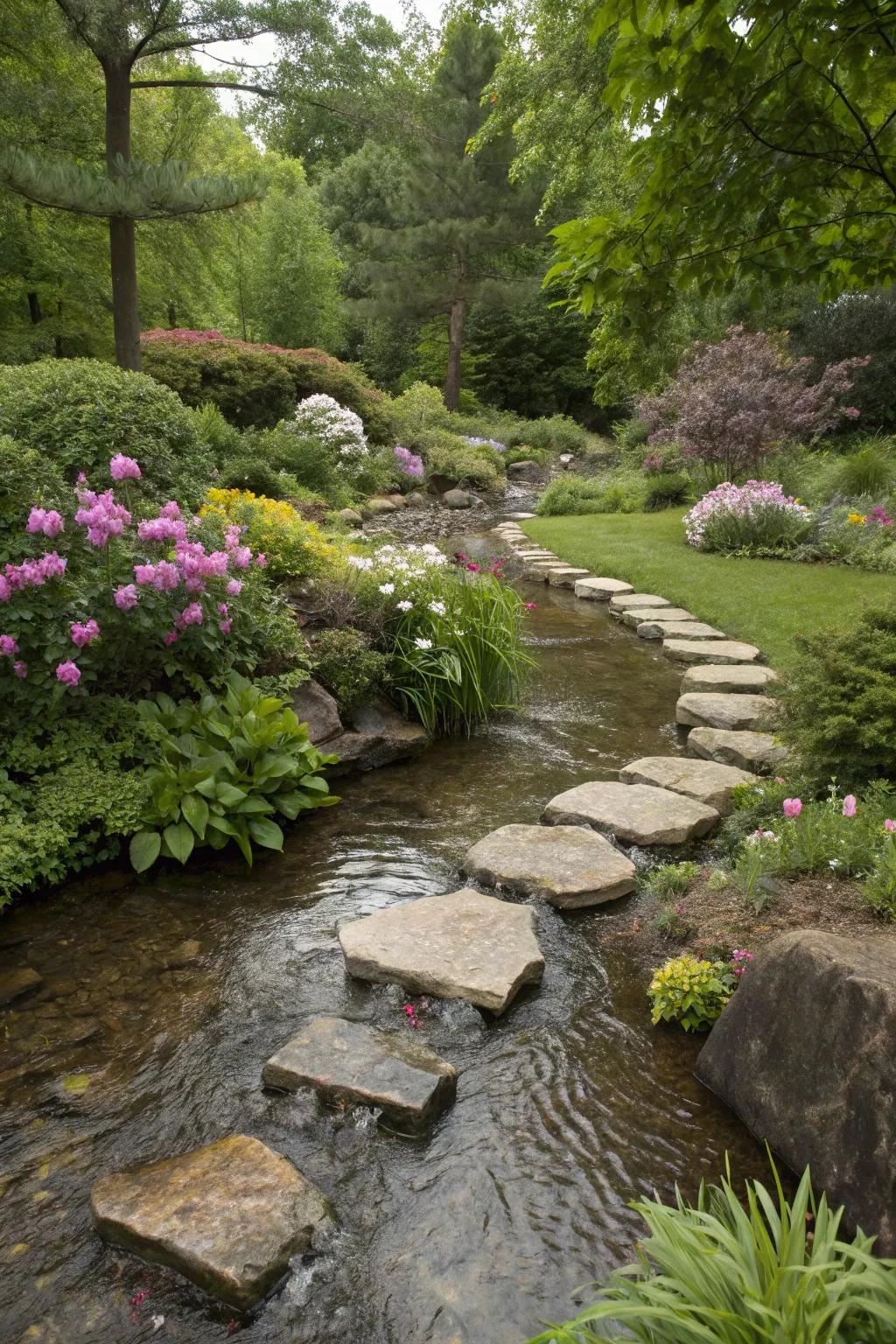 Paving slabs adding charm to a backyard stream.