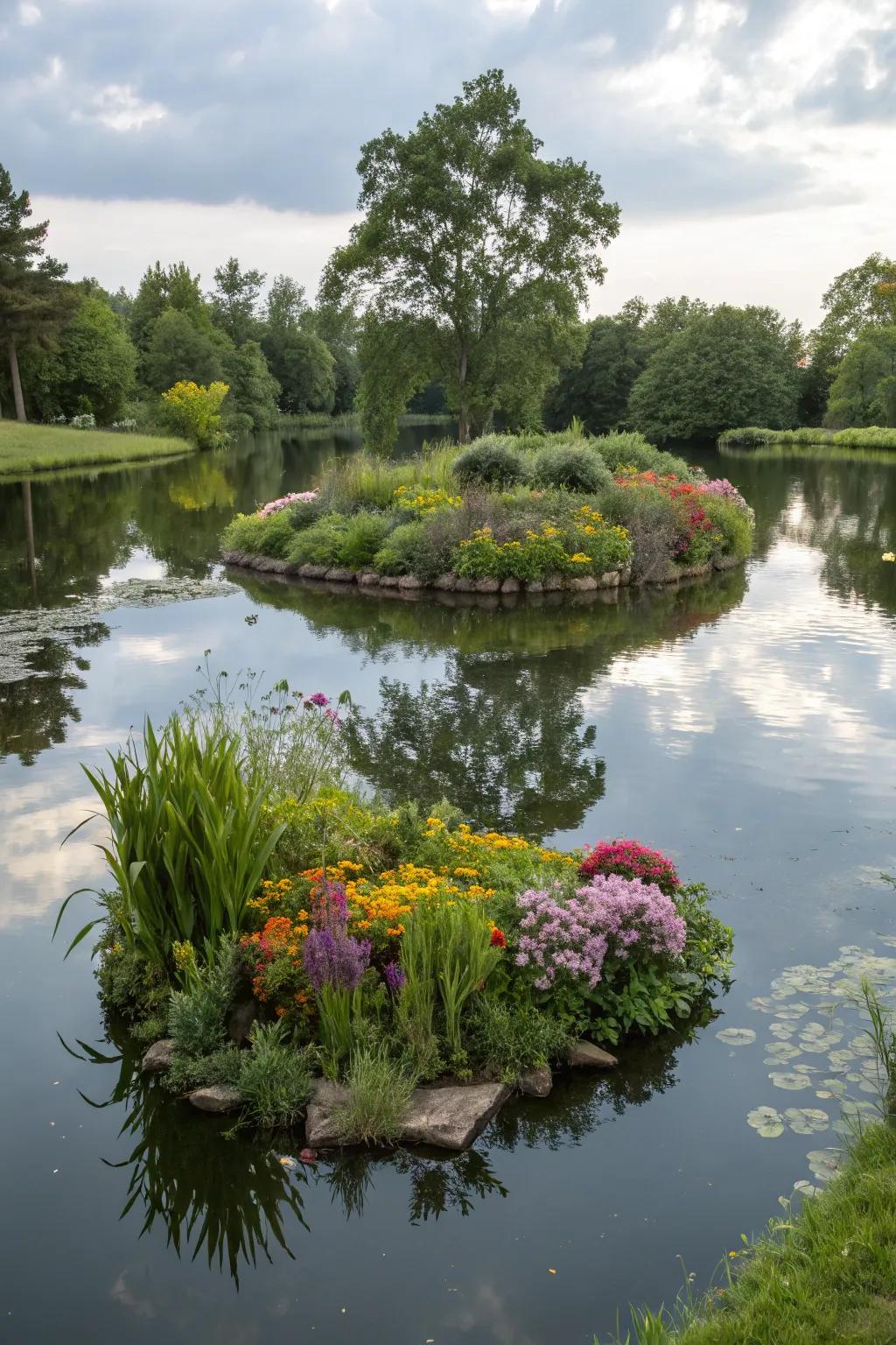 A drifting island fashioning a dynamic and captivating pond characteristic.