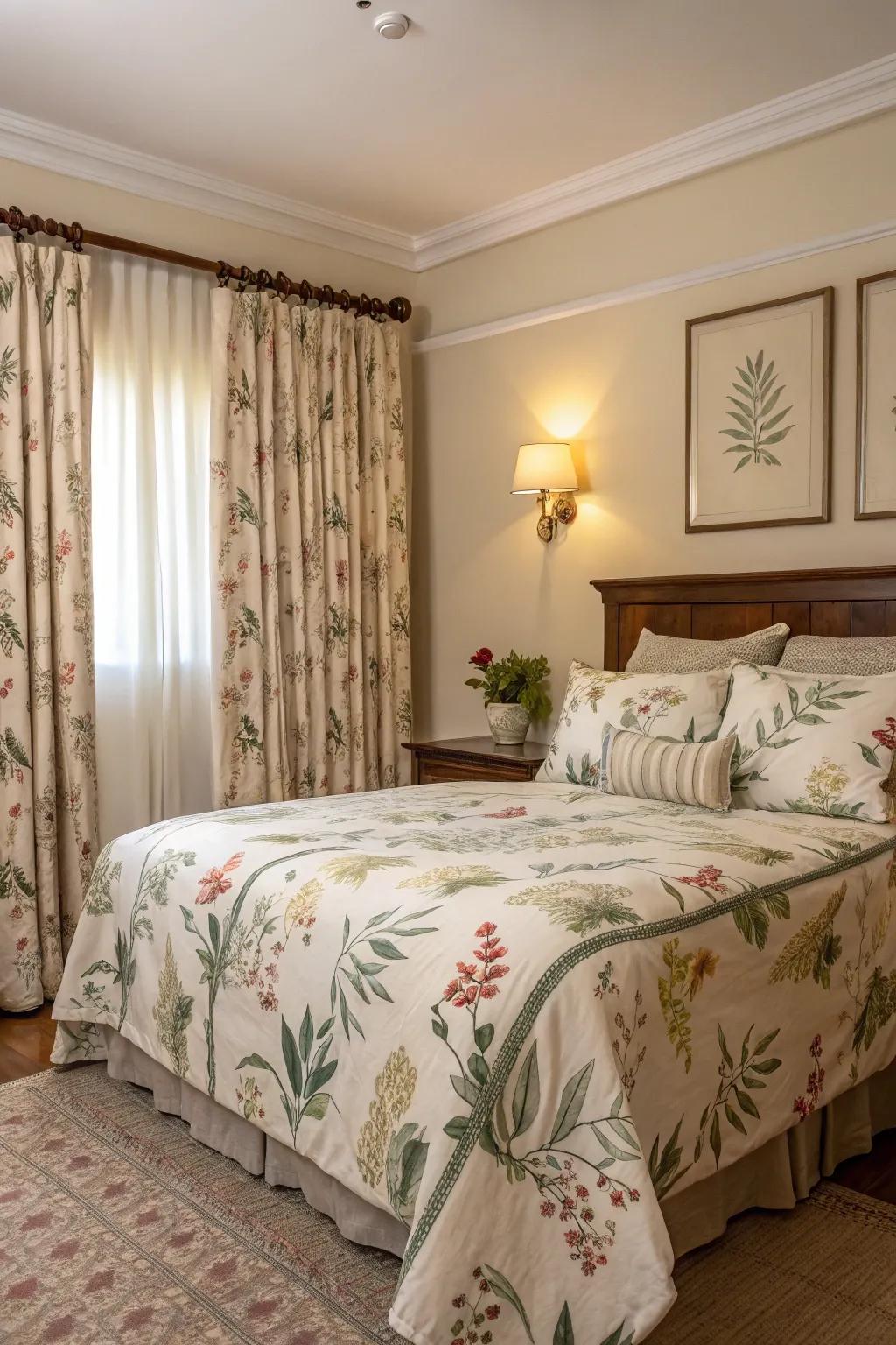 Botanical prints saturate the bedroom with a garden-like atmosphere.