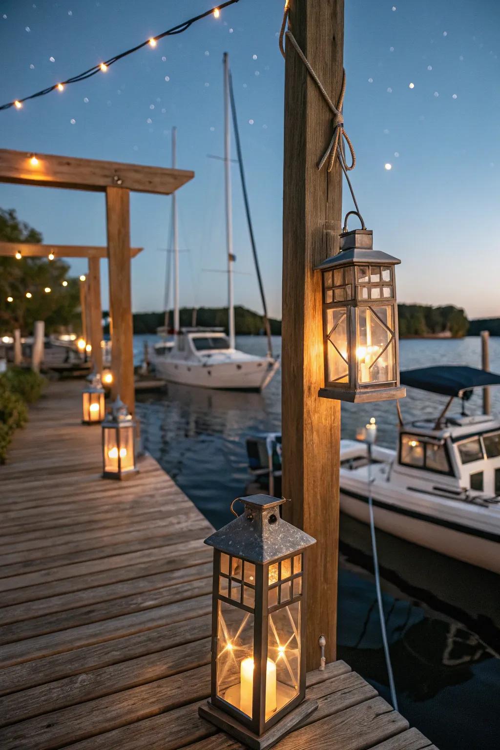 Waterfront lights create a cozy evening ambiance.