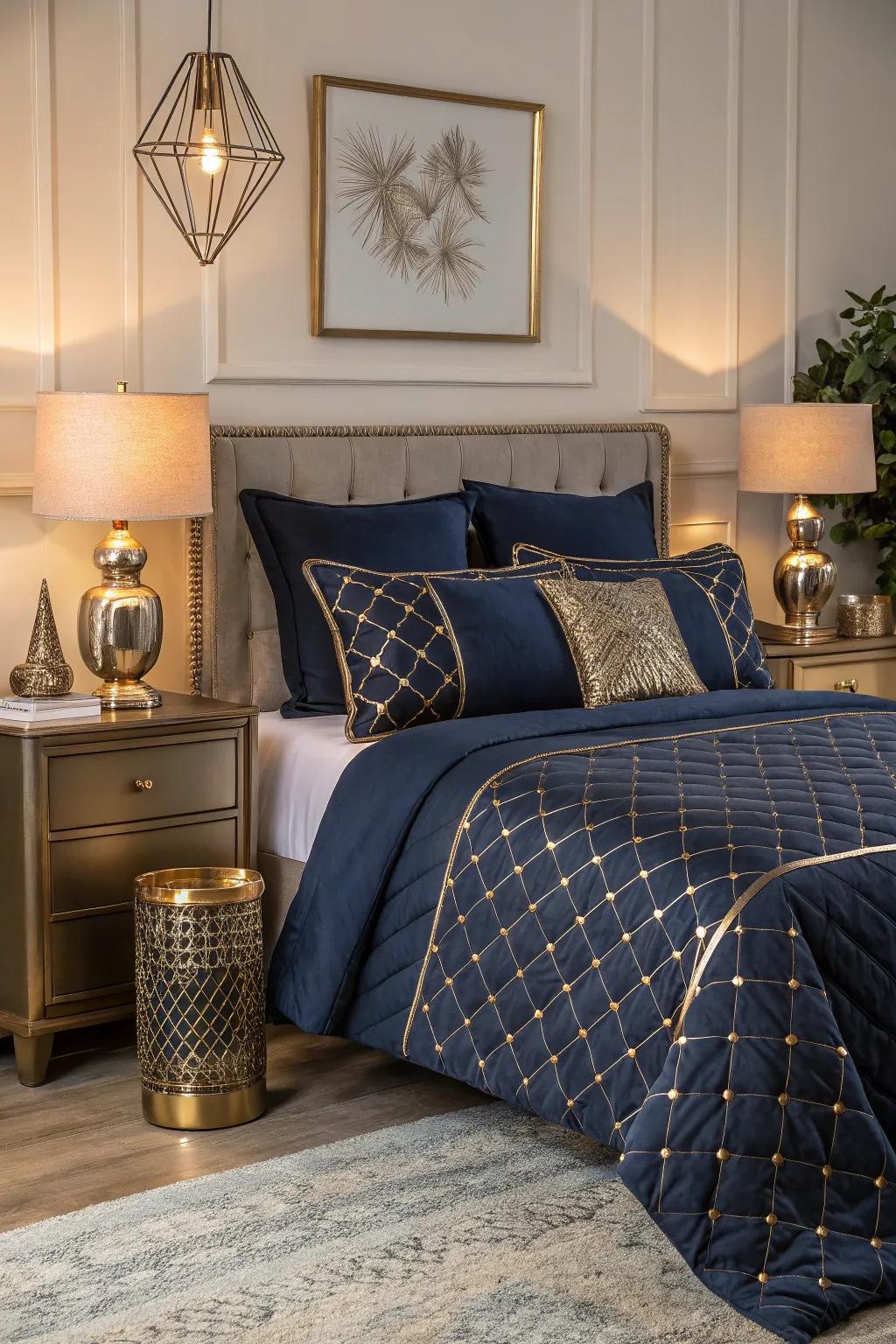 Add glamour using metallic accents and sea blue bedding.