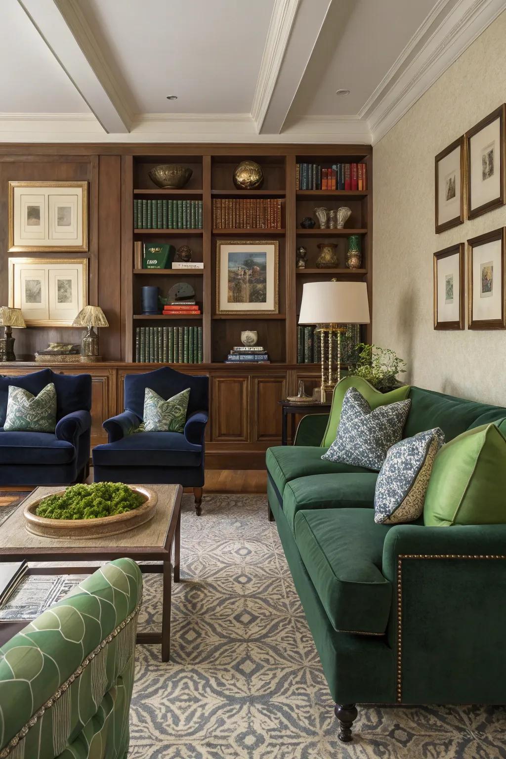 A blend of modern and traditional pieces creates a dynamic atmosphere.