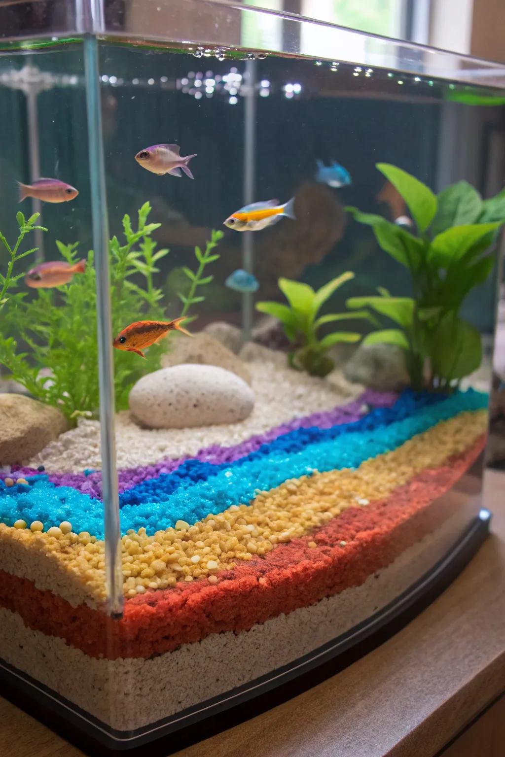 Layered bedding adds depth and dimension to this vibrant tank.
