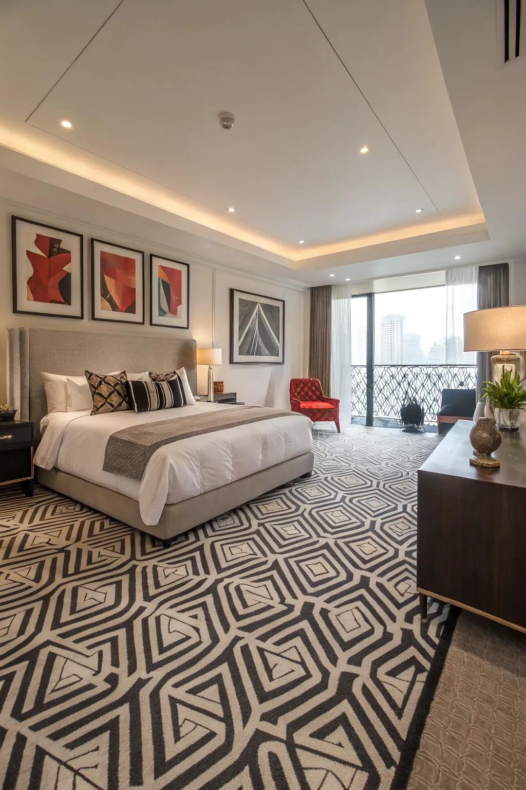 Geometric carpets offer a modern twist on bedroom decor.