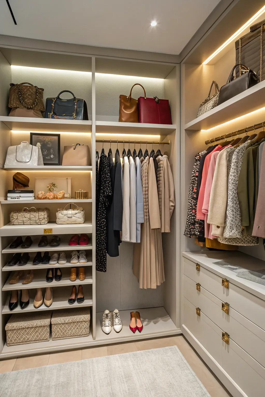 Open closet designed like a fancy shop