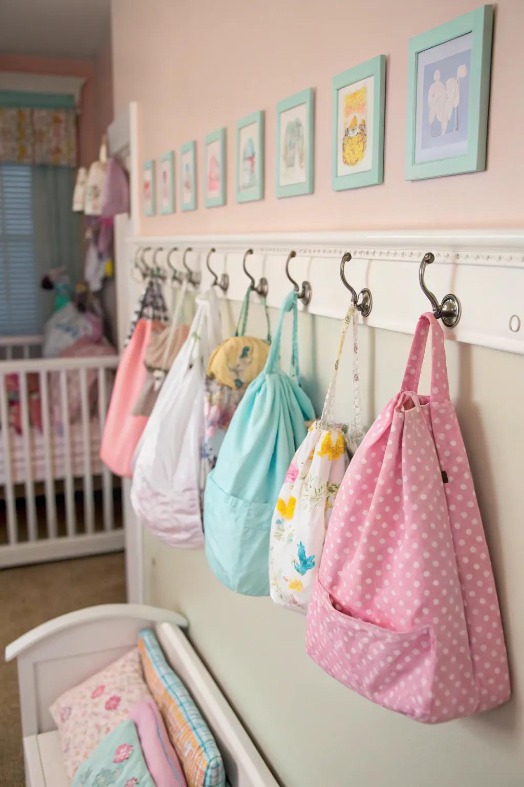 Wall-affixed hooks offer practical storage for daily-use items.