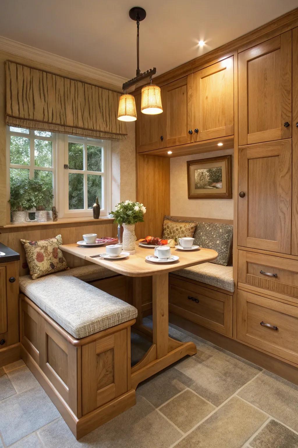 A breakfast alcove presents a snug location in an oak kitchen.