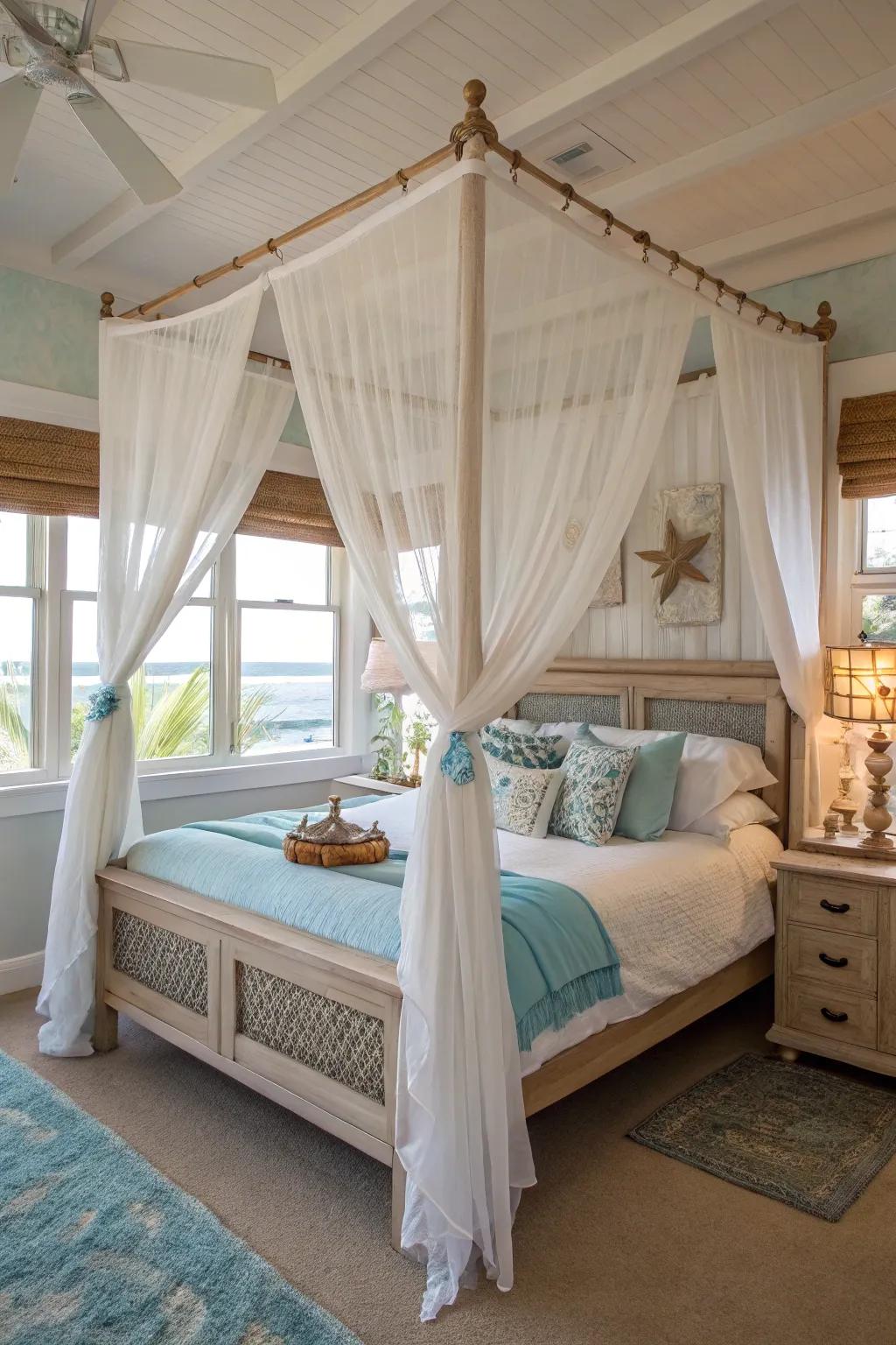 A canopy bed can foster a dreamy, beachside ambiance.