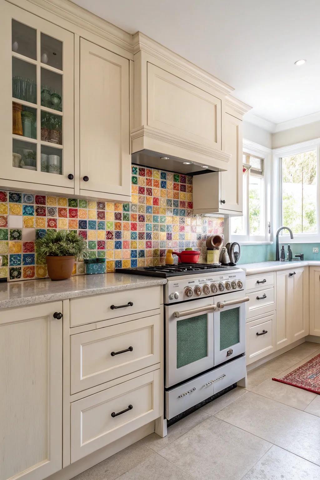 Vibrant accents infuse life into cream-colored kitchens.