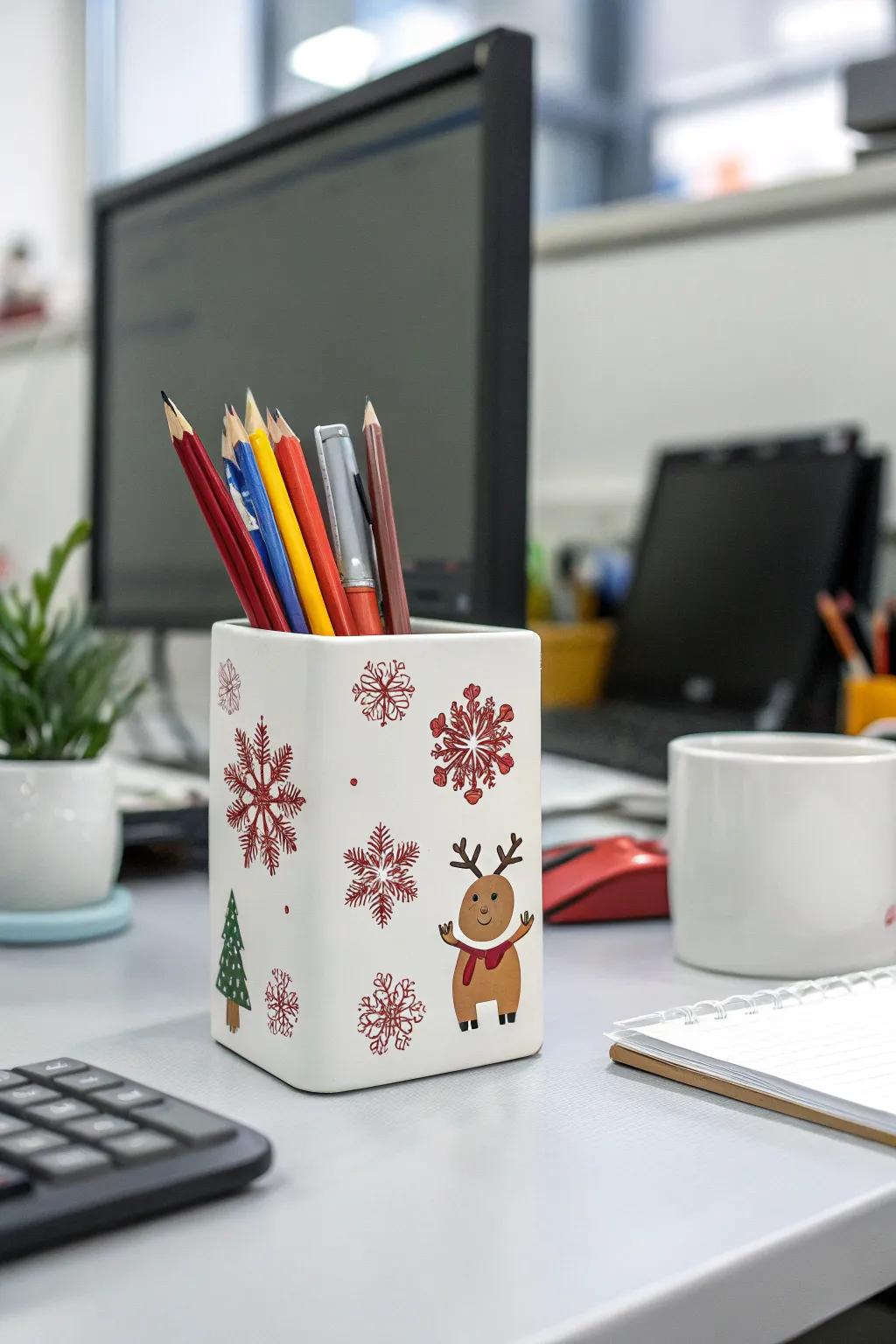 A festive writing utensil organizer contributes a personalized hint of holiday spirit.