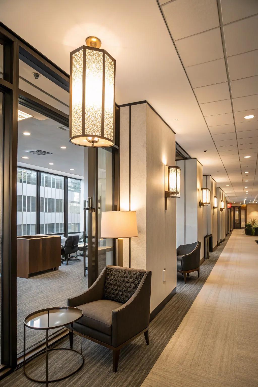 Large-scale wall lights creating a bold point of focus in the office.