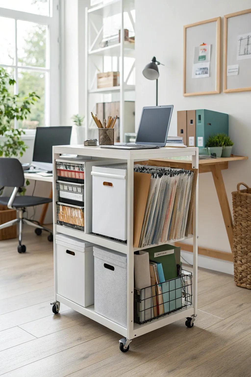 A mobile cabinet provides adaptable and convenient storage.