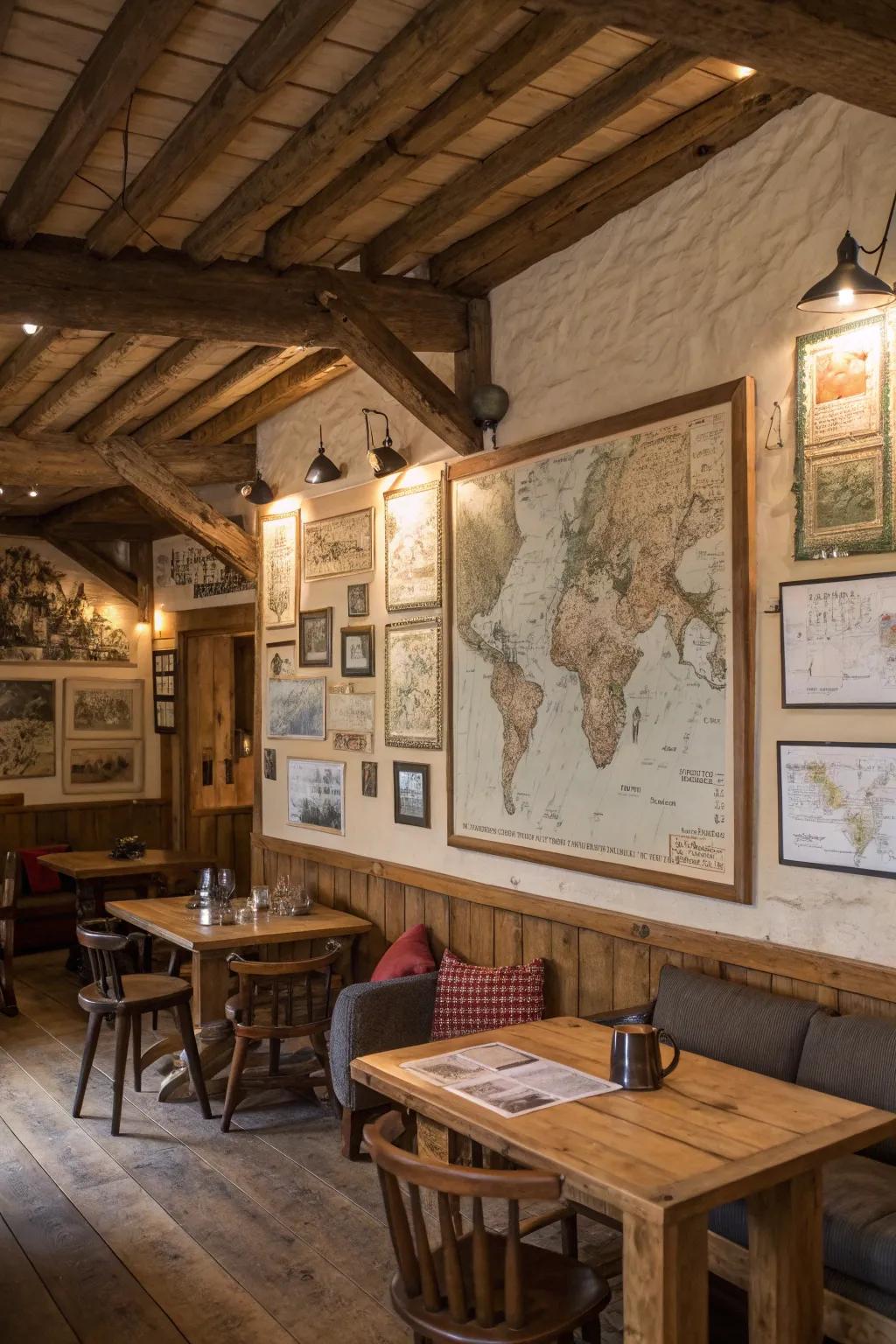 Rustic cabin showing a feature wall decorated with aged maps.