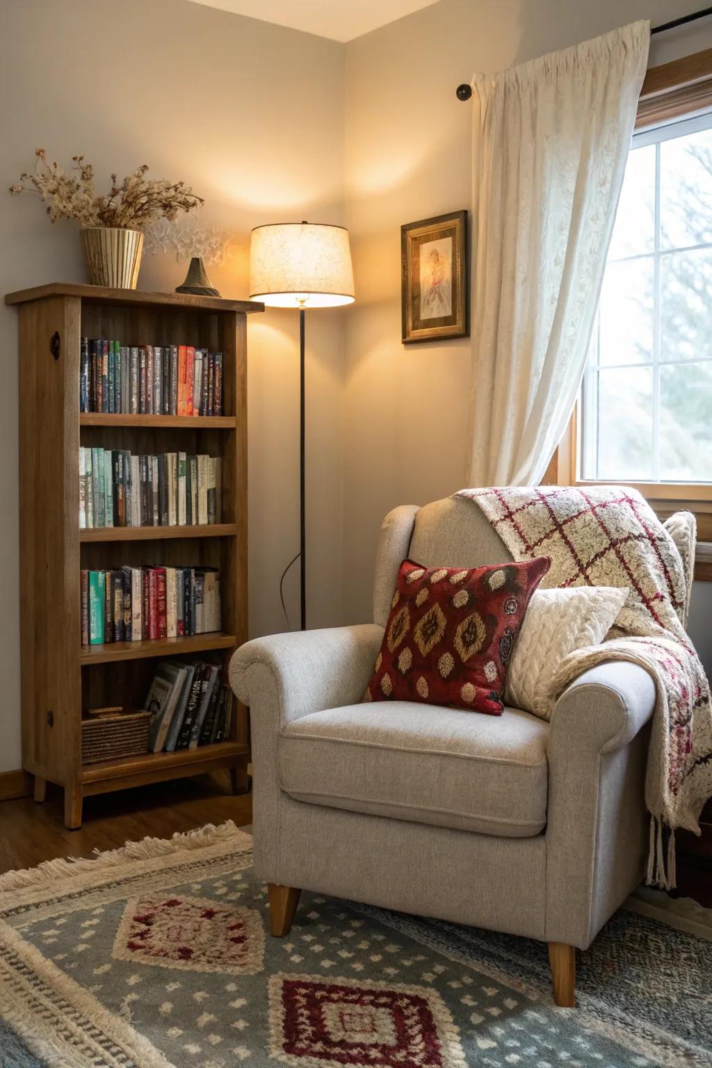 A cozy reading spot offers a personal retreat.