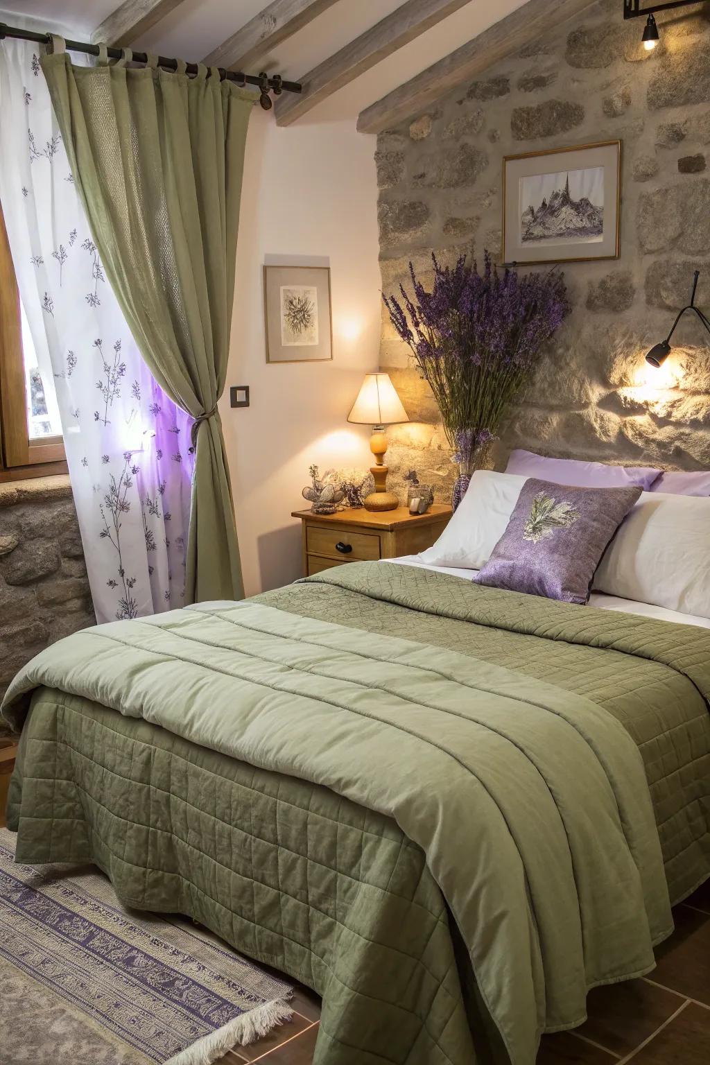 Lavender touches provide a refreshing twist to olive green bedding.