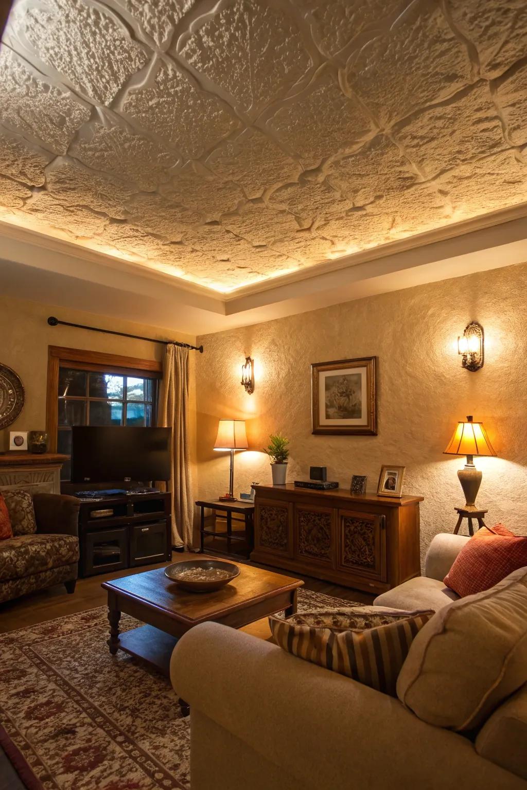 A living space with a textured plaster ceiling adding depth and interest.