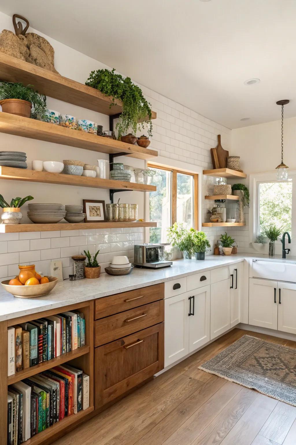 Display shelving offers a stylish method to show kitchen must-haves.