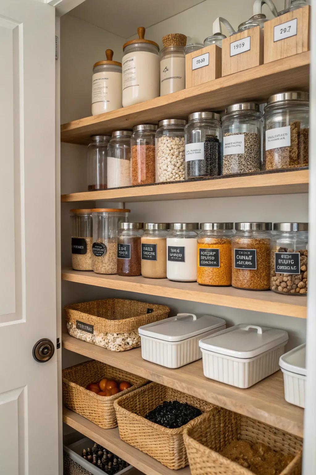Labels ensure easy identification and organization in a pantry.