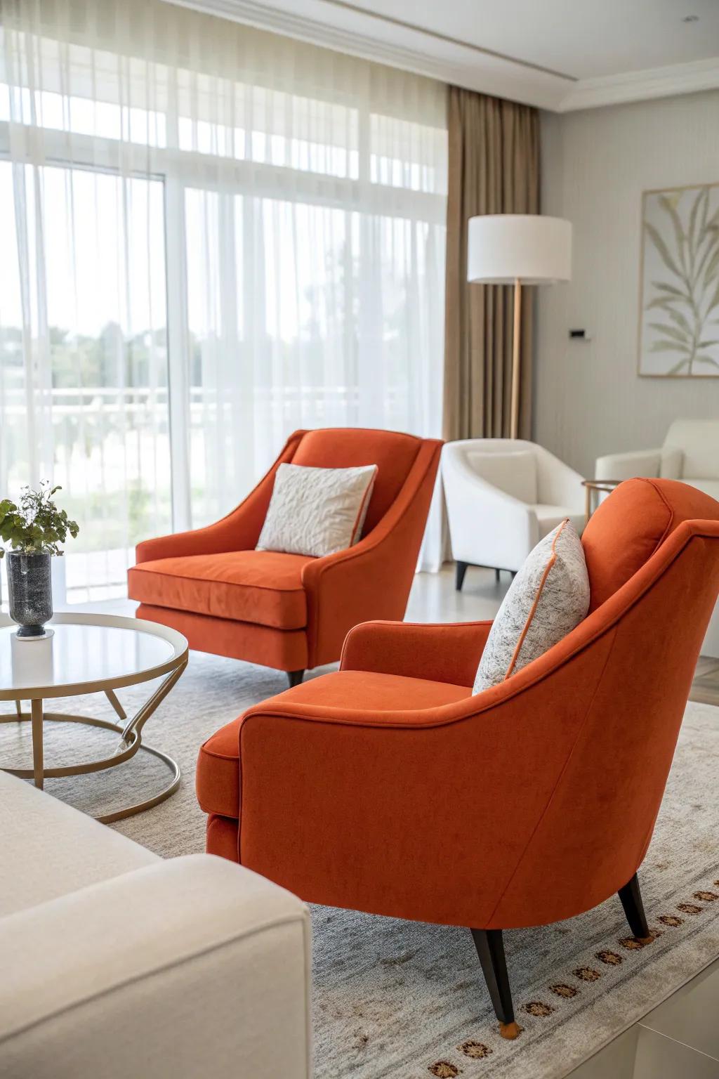 Tangerine feature seats add energy and focus to a modern seating area.